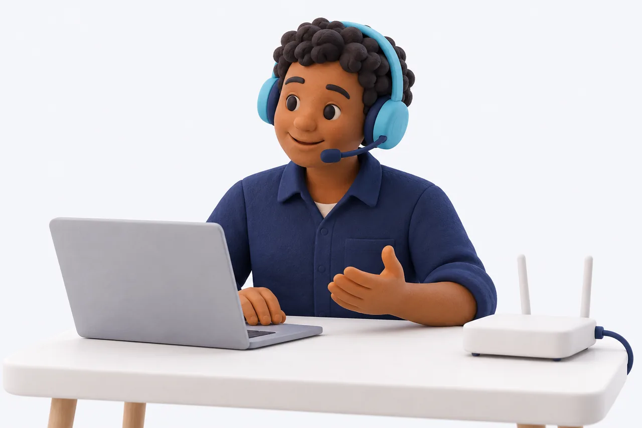 Ilustração de atendimento técnico com headset, notebook e roteador