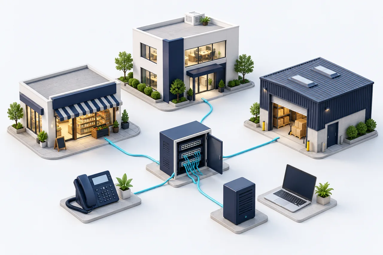 Ilustração conceitual de comércio, escritório e indústria conectados a serviços de rede, telefonia e nuvem