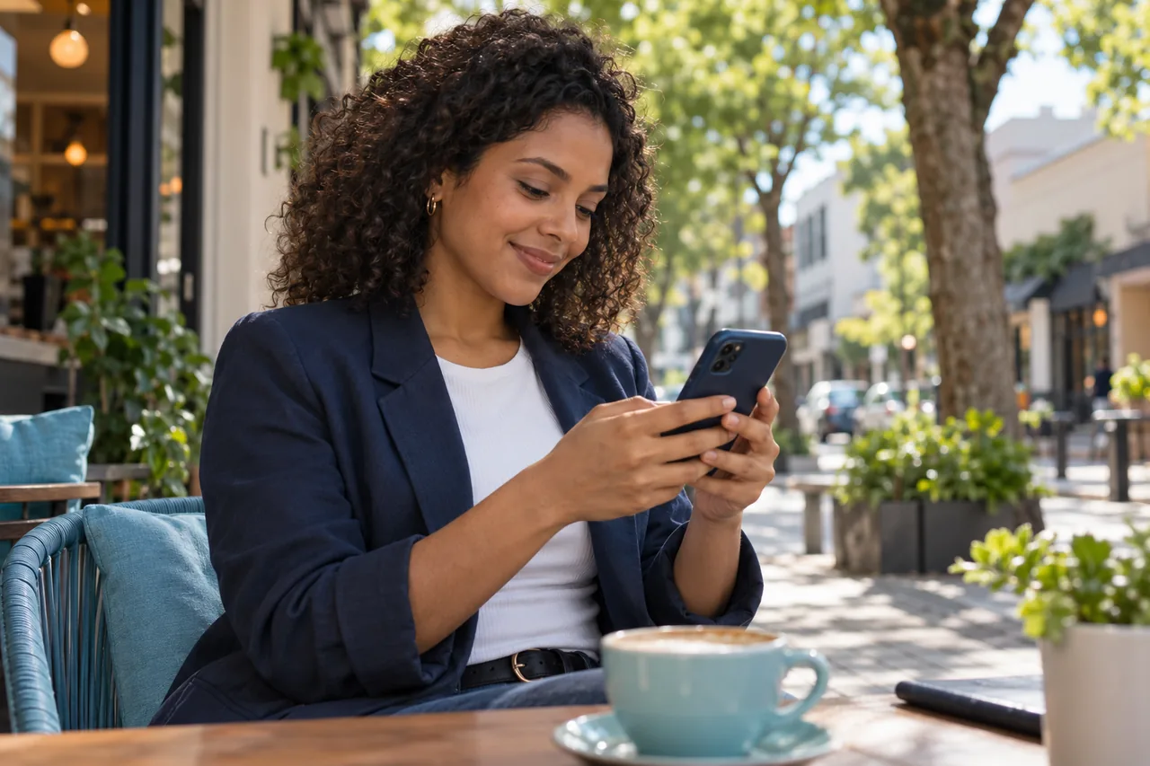 Cena ilustrativa de uma mulher usando o celular em um café ao ar livre