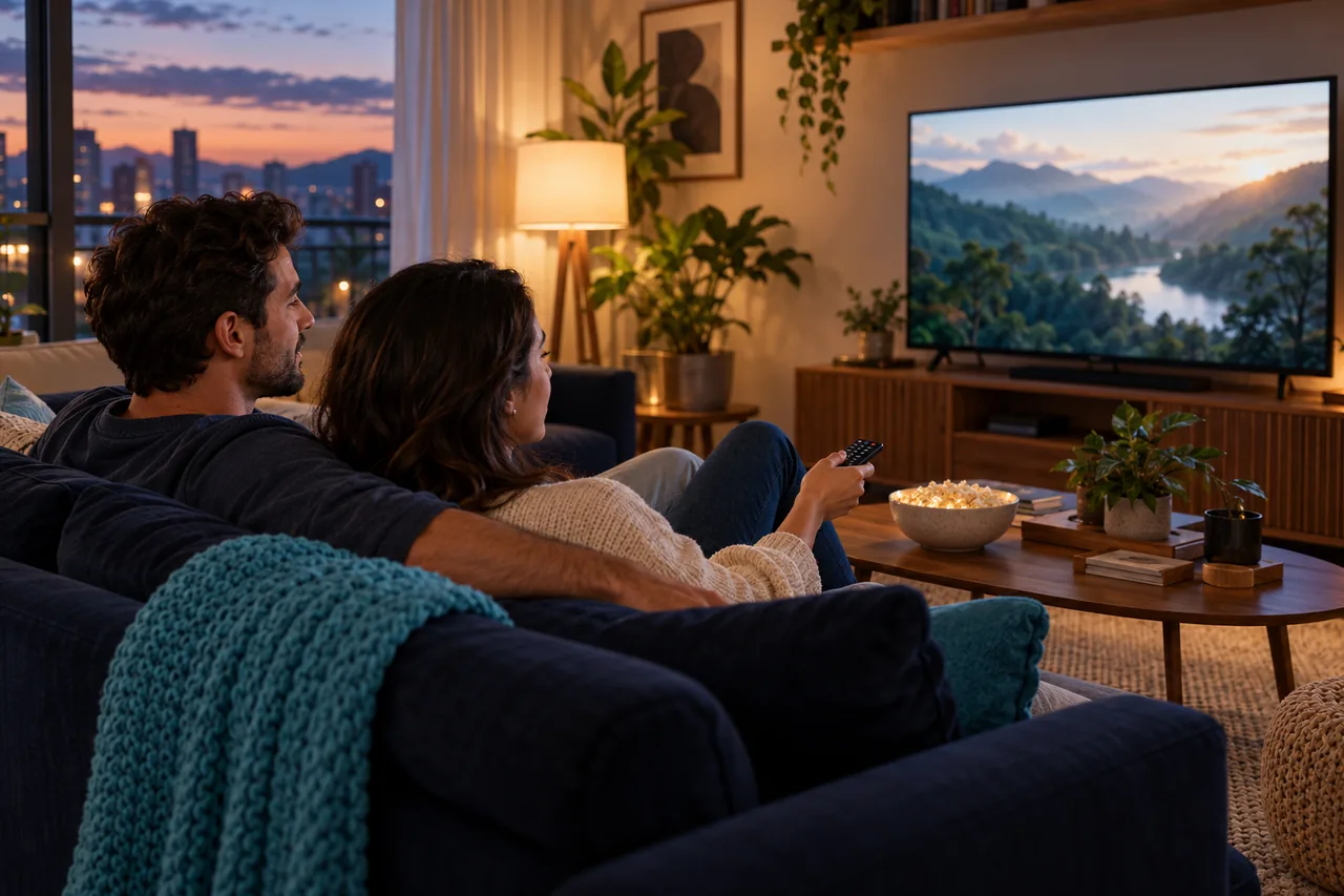 Cena ilustrativa de um casal assistindo à TV em casa