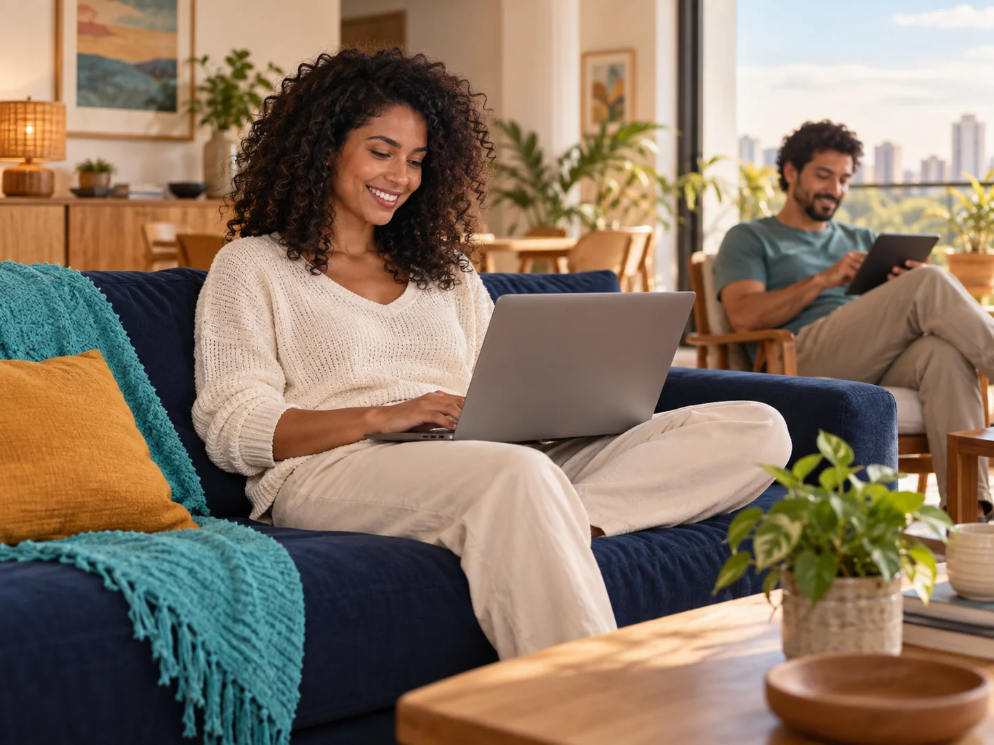 Ilustração de um casal aproveitando a internet em casa, com notebook e tablet